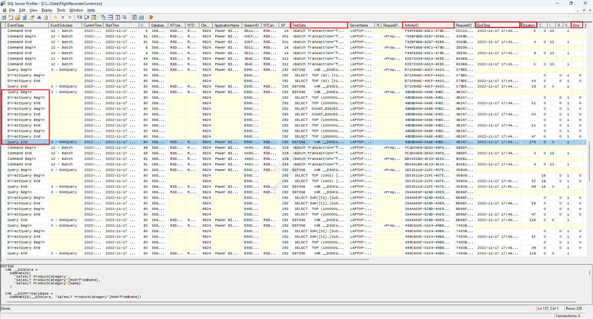 具有 Query Begin 和 Query End 事件的 SQL Server Profiler 的屏幕截图。